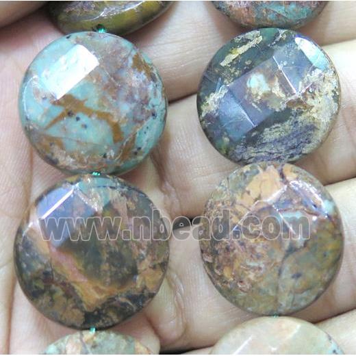 green Turquoise beads with pyrite, faceted flat-round