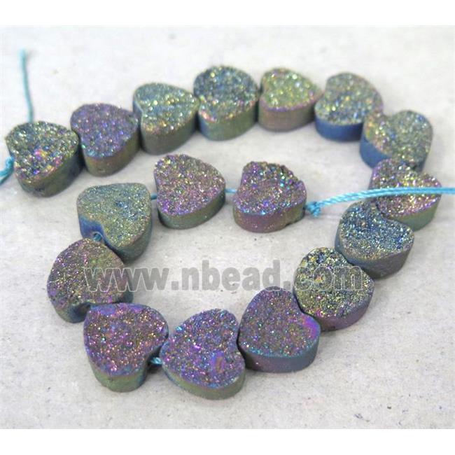 druzy quartz beads, heart, rainbow electroplated