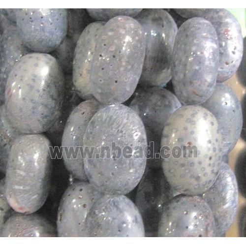 blue coral fossil stone bead, flat-oval