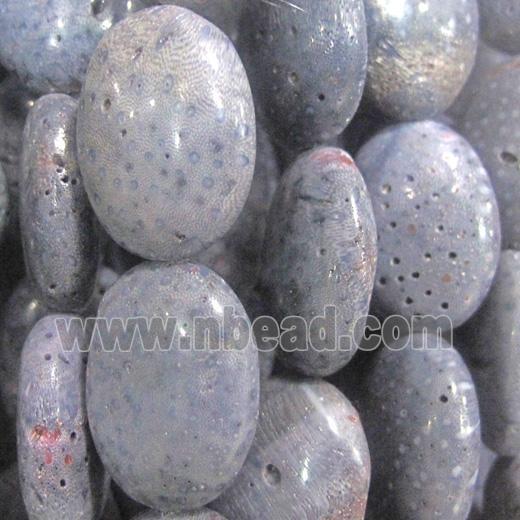 blue coral fossil stone bead, flat-oval