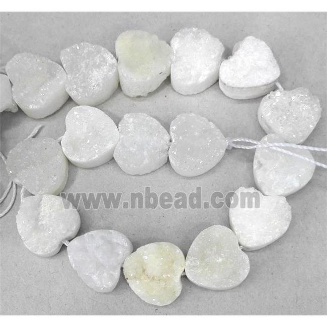 druzy quartz beads, heart, white