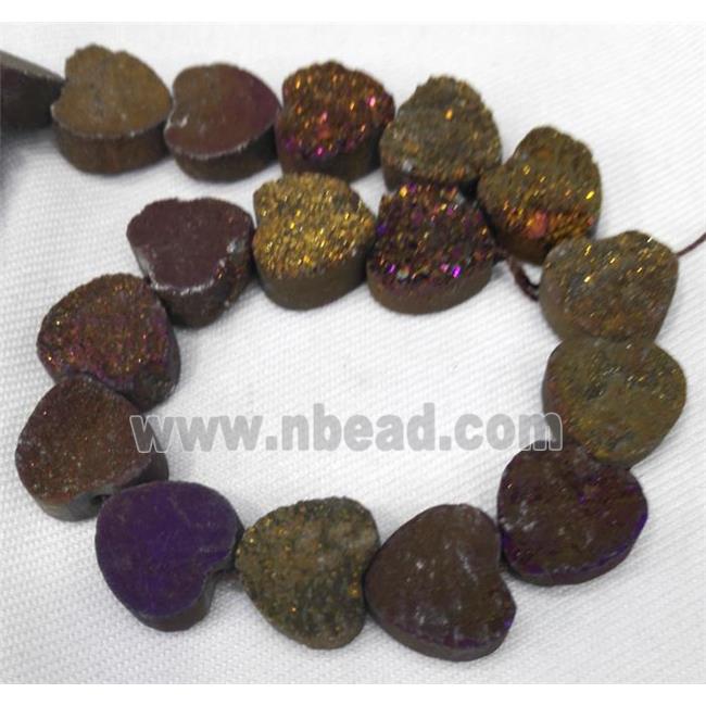 druzy quartz beads, heart, gold electroplated