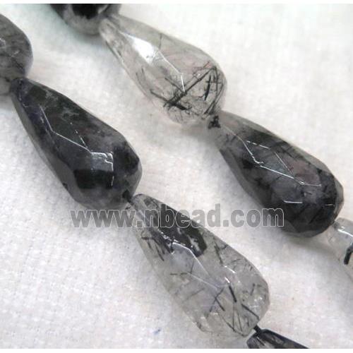 Black Rutilated Quartz Beads, faceted teardrop
