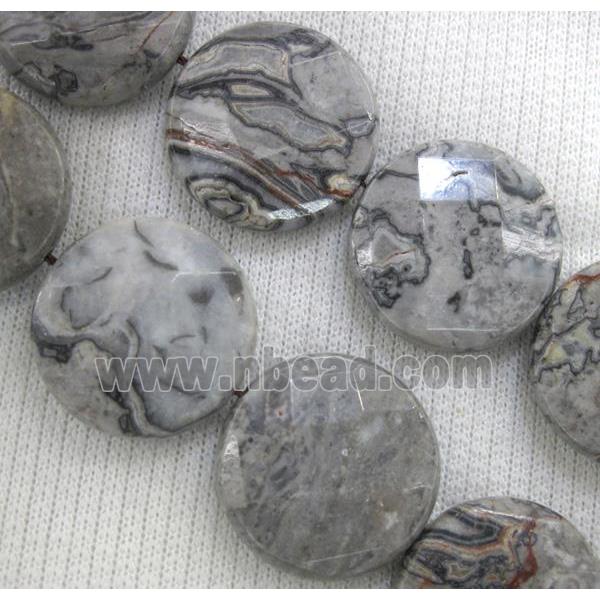 grey picture jasper beads, faceted flat-round