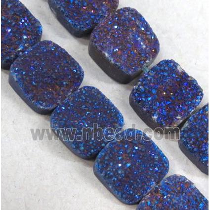 druzy quartz beads, square, blue electroplated