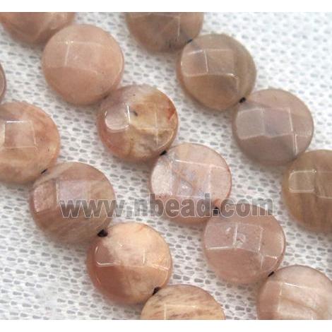 pink moonstone bead, faceted flat round