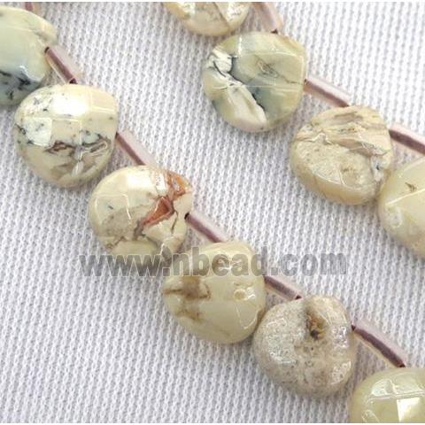 white Peruvian Moss Opal jasper bead, faceted teardrop, top-drilled