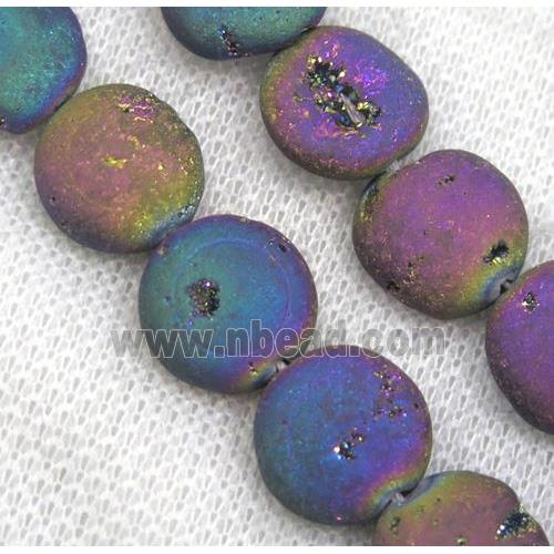 8" string of druzy agate beads, flat round, matte, rainbow electroplated