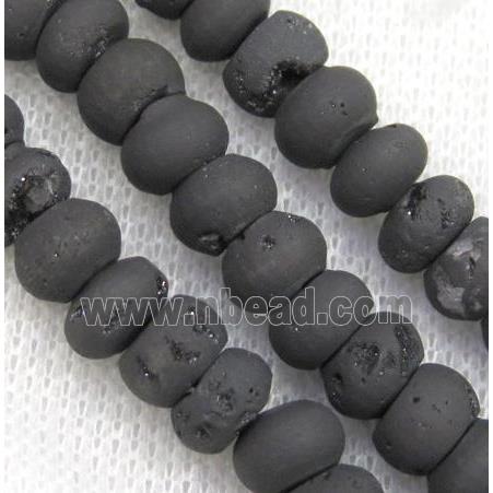 8" string of druzy agate rondelle beads, matte, black electroplated