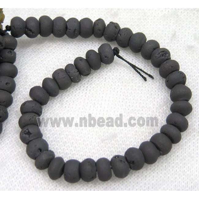 8" string of druzy agate rondelle beads, matte, black electroplated