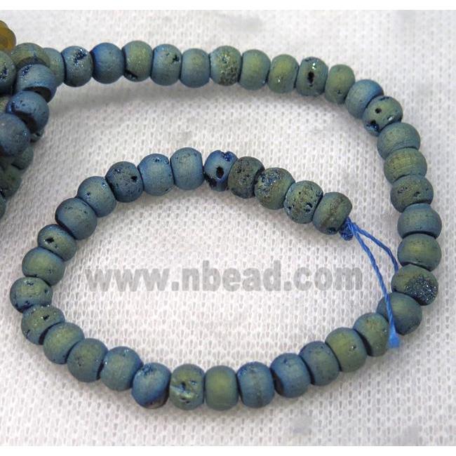 8" string of druzy agate rondelle beads, matte, green electroplated