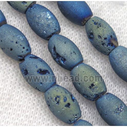 8" string of druzy agate rice beads, matte, green electroplated