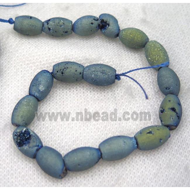 8" string of druzy agate rice beads, matte, green electroplated