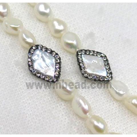 white freshwater pearl necklace pave rhinestone