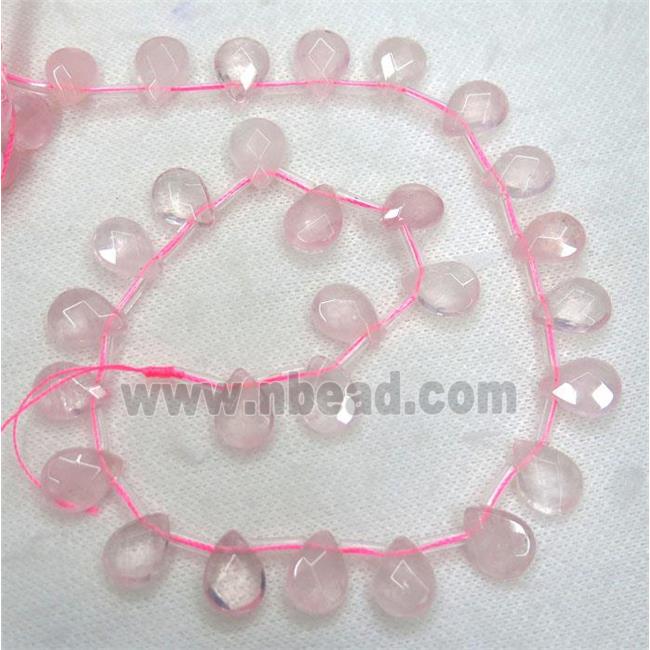 Rose Quartz beads, faceted teardrop, pink, top drilled