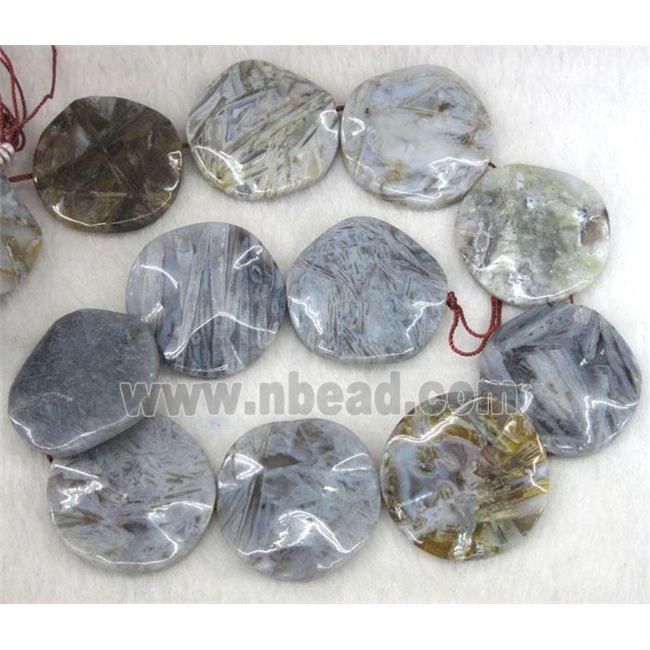 gray Bamboo Agate beads, flat round, wave