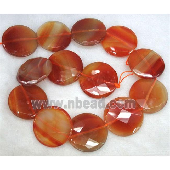 red carnelian agate beads, faceted flat round