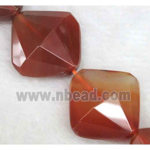 red carnelian agate stone bead, faceted corner-drilled square