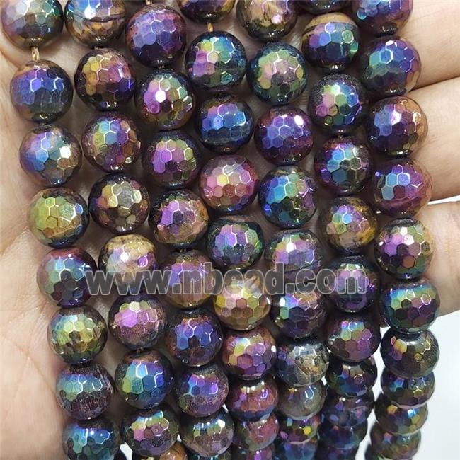 multi color Tiger eye stone bead, faceted round, AB color electroplated