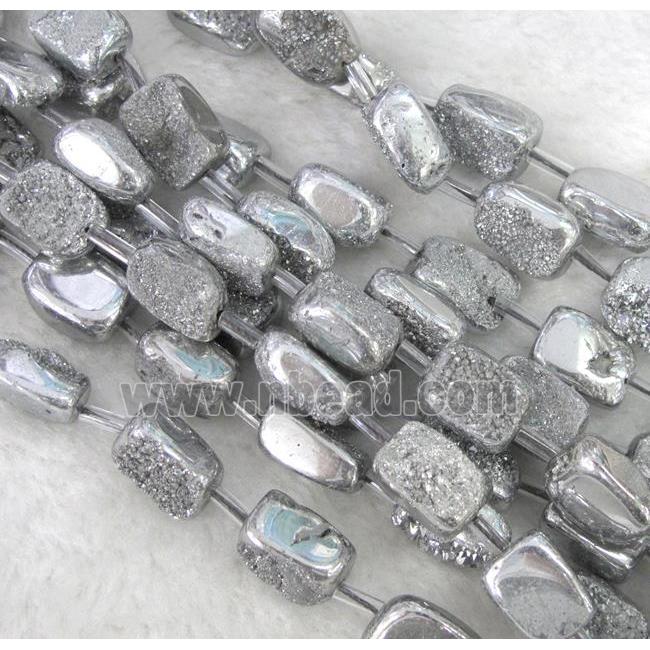 druzy quartz beads, freeform, silver electroplated