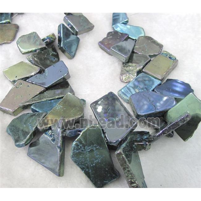 agate slice beads, freeform, green electroplated
