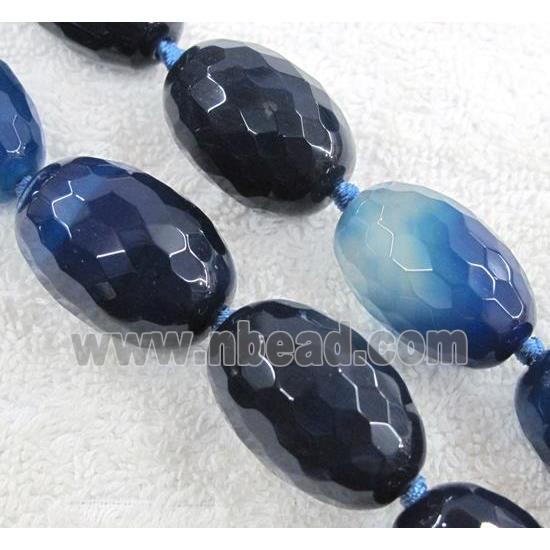blue agate beads, faceted barrel