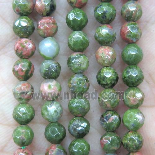 tiny Unakite beads, green, faceted round