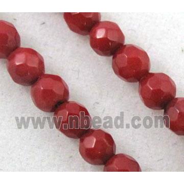 coral beads, deep-red, tiny, faceted round