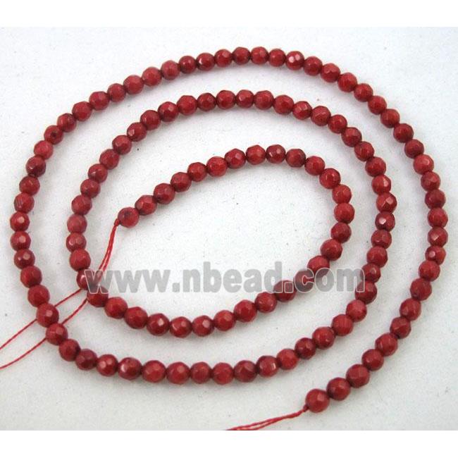 coral beads, deep-red, tiny, faceted round