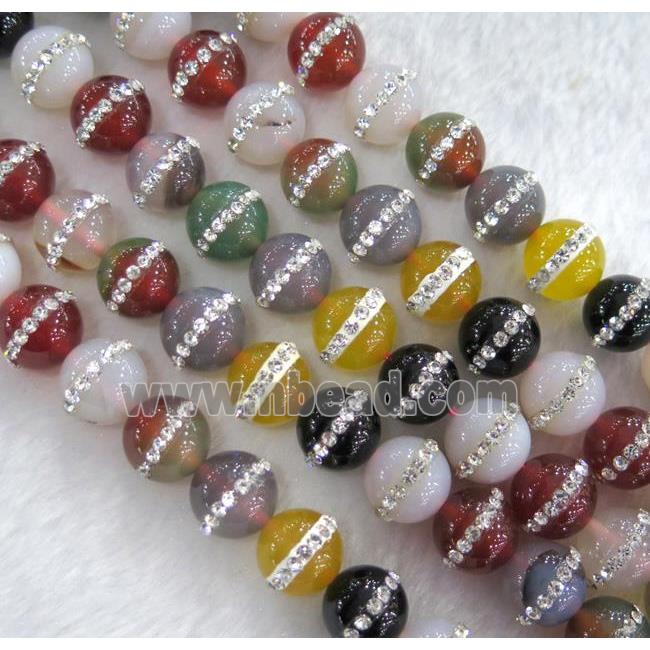 agate beads paved rhinestone, round, mixed color