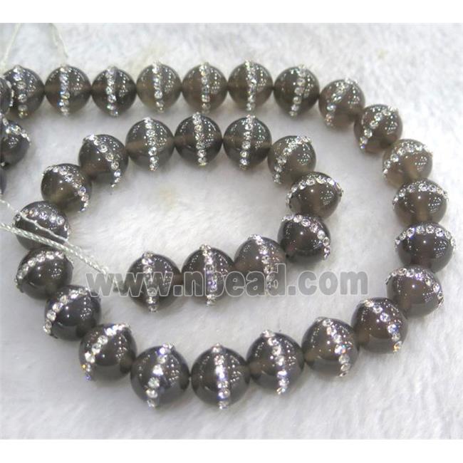gray Agate bead, paved rhinestone, round