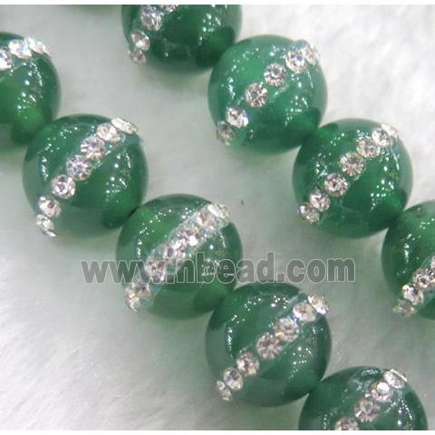 green Agate bead paved rhinestone, round