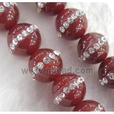 red Agate bead paved rhinestone, round