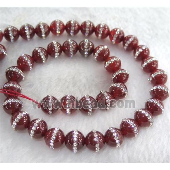 red Agate bead paved rhinestone, round