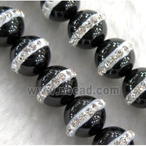 black Agate bead paved rhinestone, round