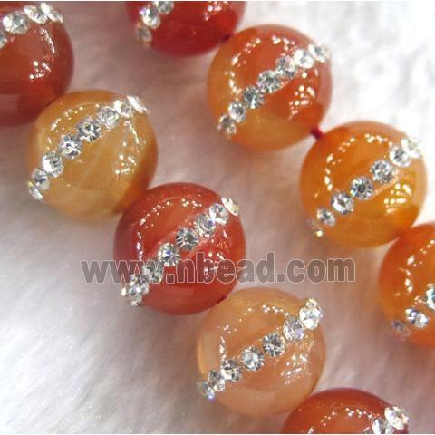 red agate beads with rhinestone, round
