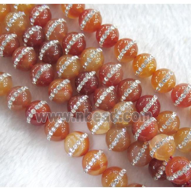 red agate beads with rhinestone, round