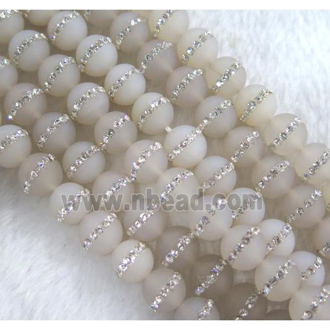 white agate beads with rhinestone, round, matte