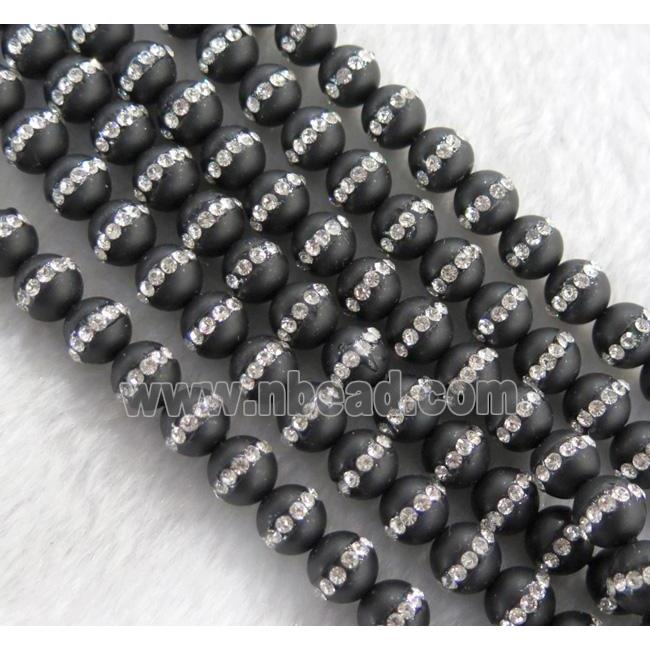 round black agate beads paved rhinestone, matte