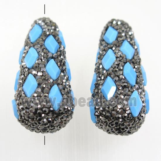 blue crystal glass beads paved rhinestone, teardrop