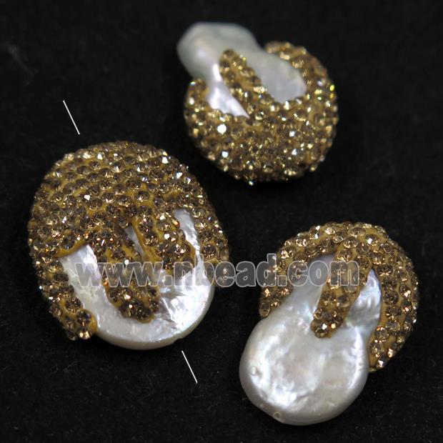 freshwater pearl beads paved yellow rhinestone, freeform