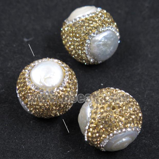 freshwater pearl beads ball paved yellow rhinestone