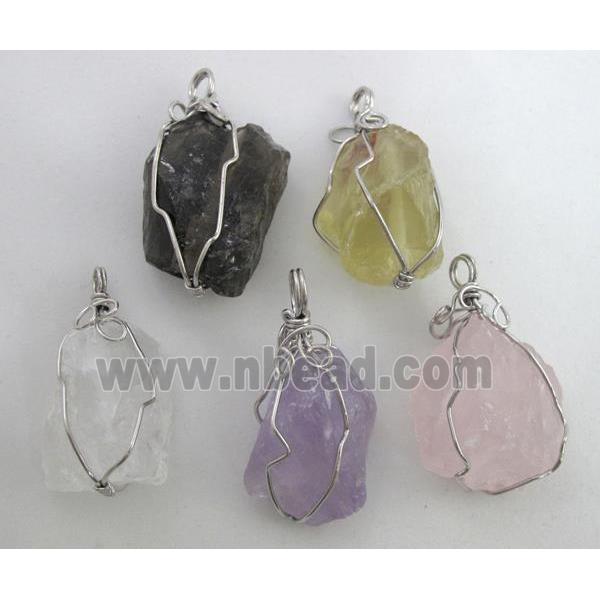 mixed natural Crystal Quartz Pendants, wire wrapped, freeform