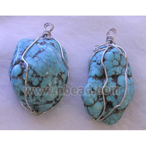 blue Turquoise Pendants, wire wrapped, freeform