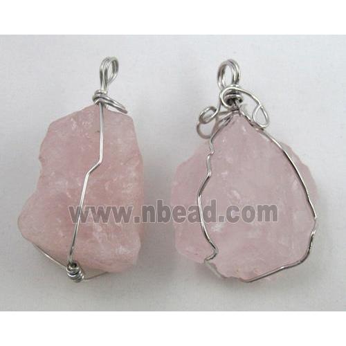 natural rose quartz stone pendants, wire wrapped, freeform