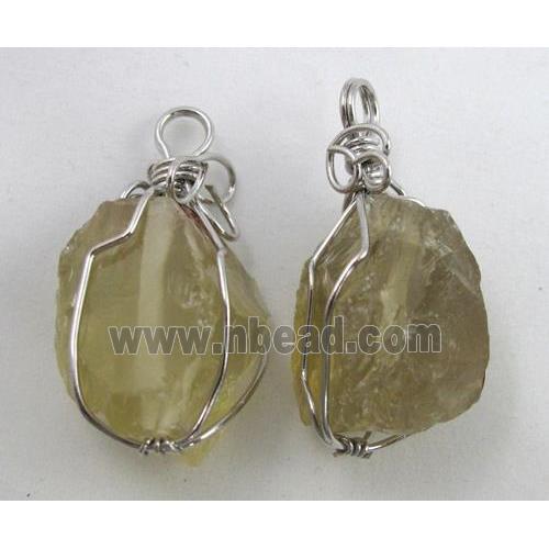 natural Lemon quartz stone pendants, wire wrapped, freeform