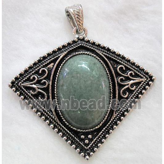 gemstone pendant, green jade, bat-shaped, antique silver