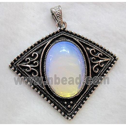 gemstone pendant, opalite, bat-shaped, antique silver