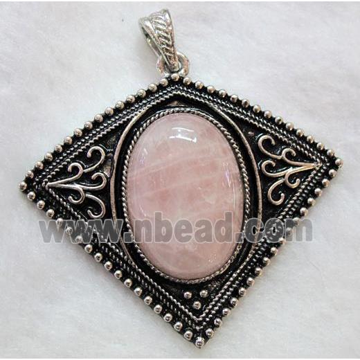 gemstone pendant, rose quartz, bat-shaped, antique silver
