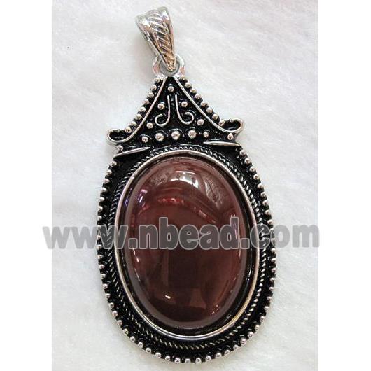 Red Dye Agate Oval Pendant Alloy Antique Silver